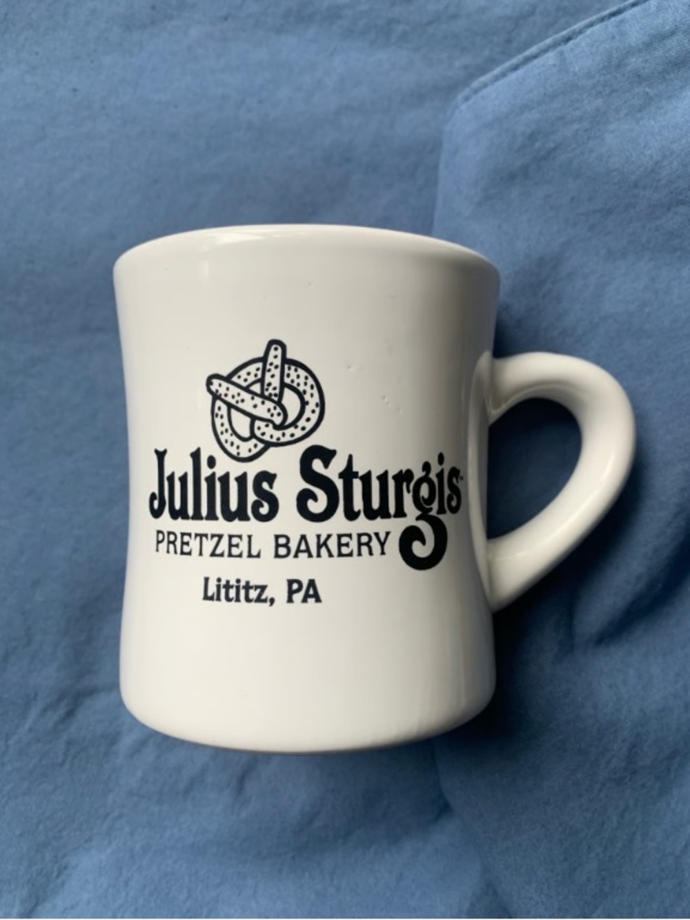 Julius Sturgis White Ceramic Mug with Pretzel Bakery Logo